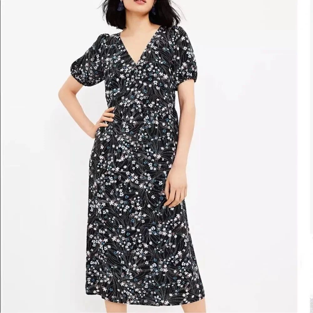 Loft Dresses Loft Black Pearl Print Puff Sleeve Midi Dress